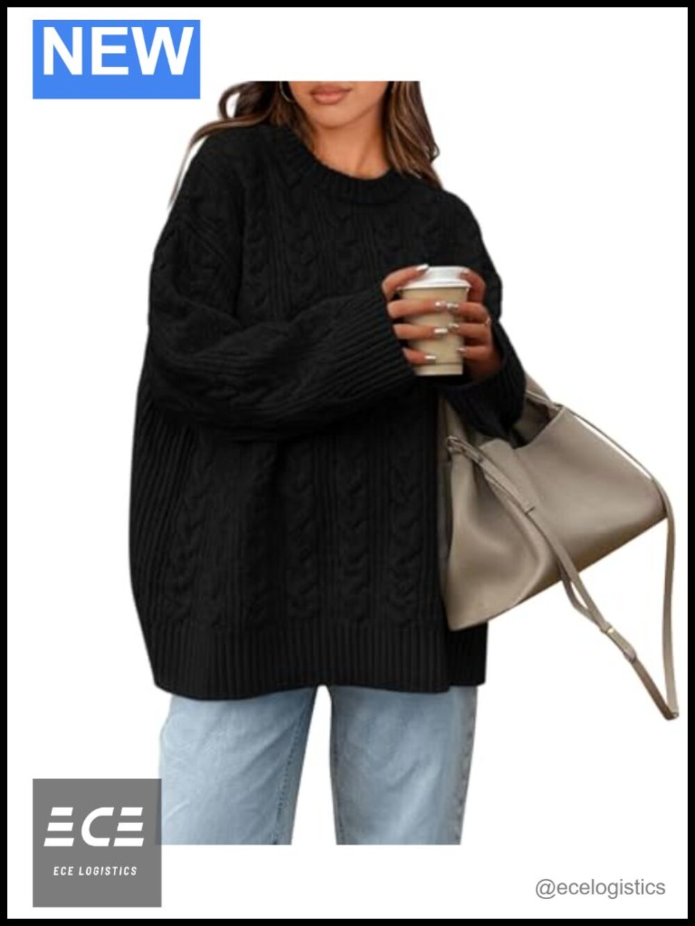 Oversized Cable Knit Crewneck Pullover Sweater Chunky Cozy